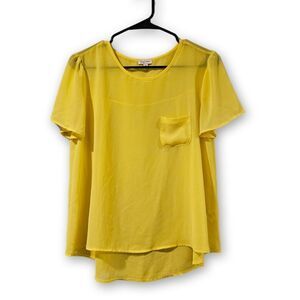 Lily White Blouse Size M Yellow Short Sleeve Flowy Top With Pocket Semi Sheer